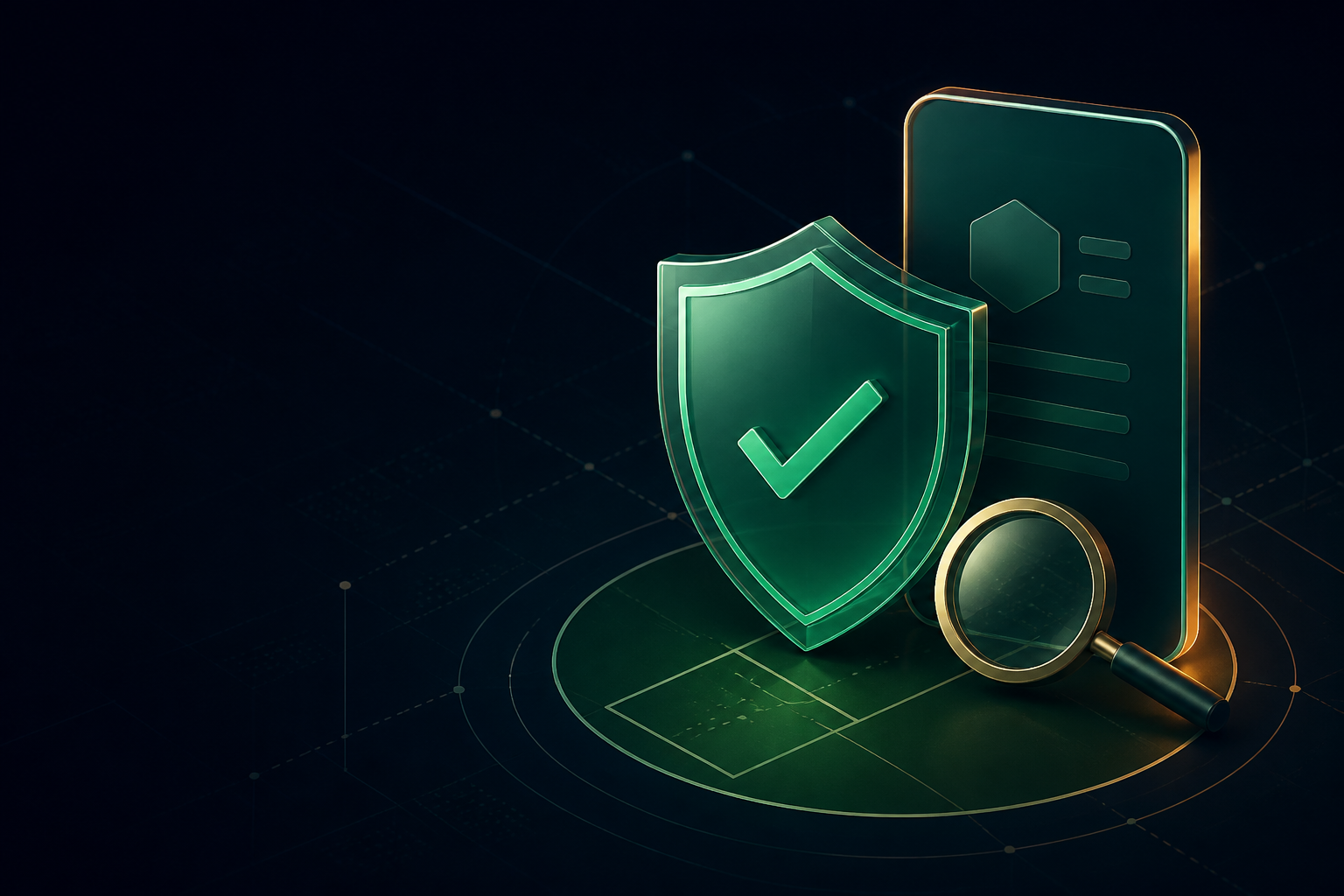 Original illustration of a shield, phone and magnifying glass representing digital platform verification